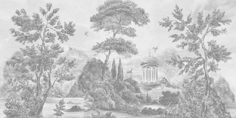 Papier peint panoramique Villa Borghese Rome – Gravure noir et blanc pins italiens - Muralconcept