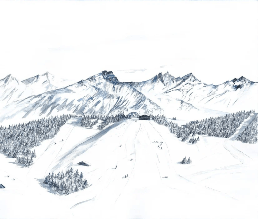 Papier peint montagne Megève – Fresque artistique peinte à la main - Muralconcept