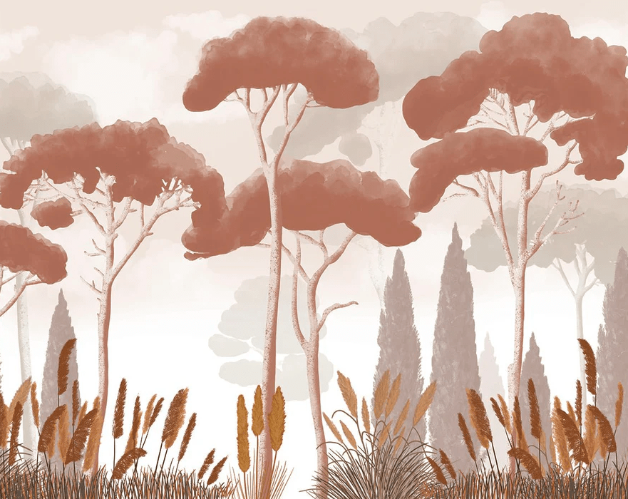 Papier peint cyprès pins et herbes de la pampa terracotta, XXL, tendance