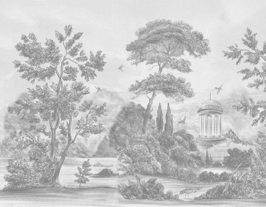 Papier peint panoramique Villa Borghese Rome – Gravure noir et blanc pins italiens - Muralconcept