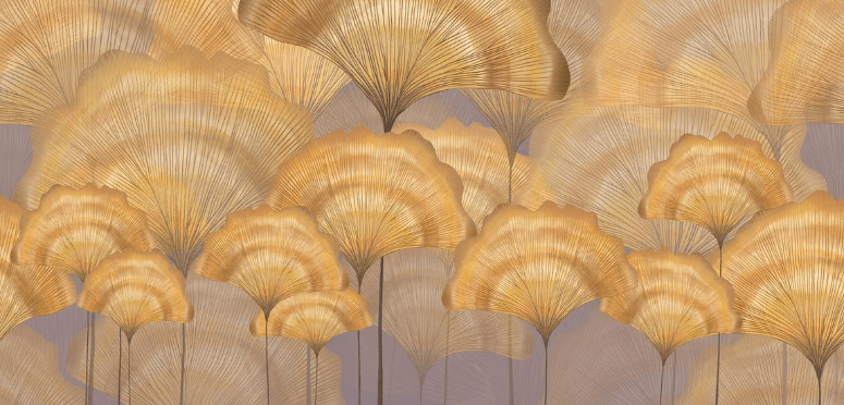 Papier peint salle de bain contemporain ginkgo ocre - Muralconcept