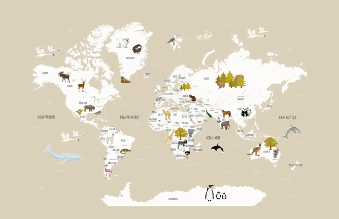 Papier peint Carte du monde en Francais enfant beige - Muralconcept