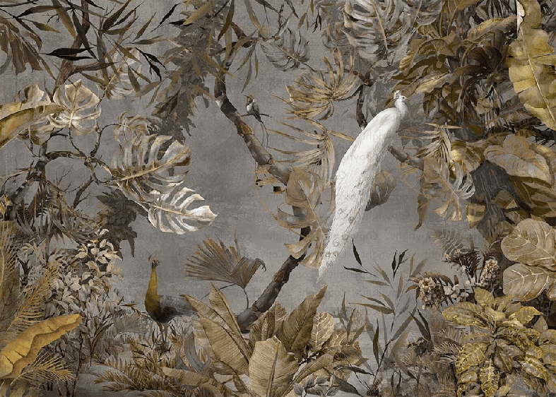 Papier peint panoramique paon blanc impérial - Muralconcept