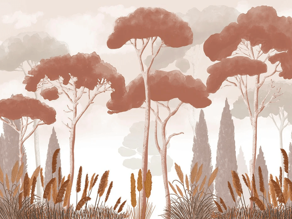 Papier peint cyprès pins et herbes de la pampa terracotta, XXL, tendance