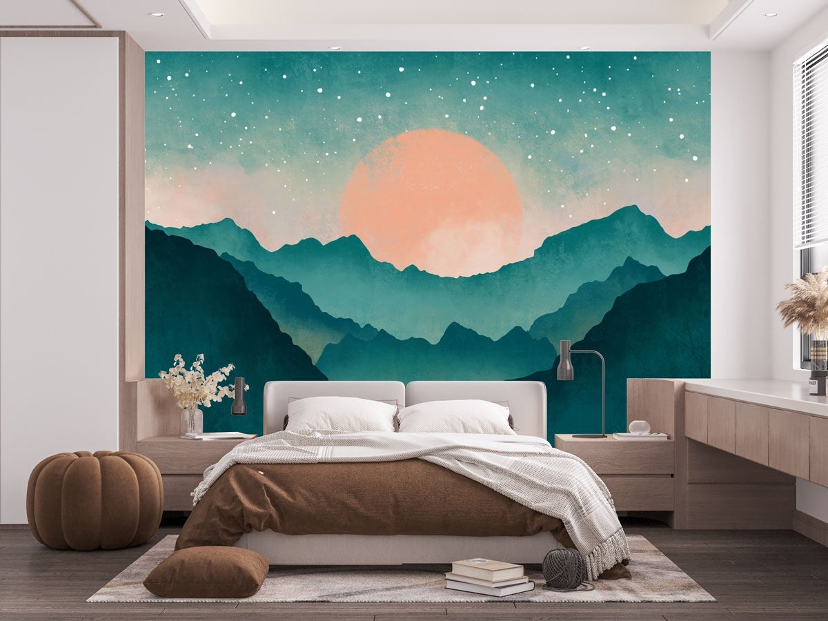 Papier peint sur mesure montagne brume turquoise, XXL, tendance