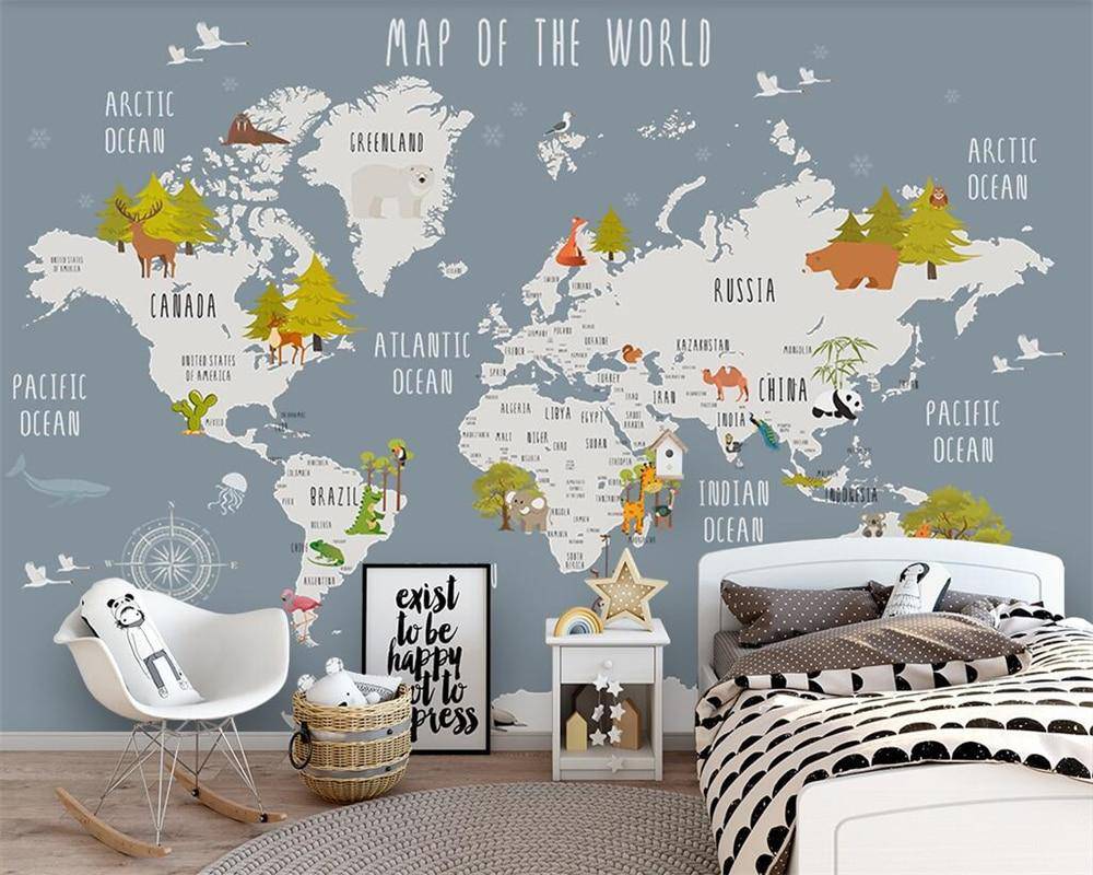 Papier peint Carte du monde illustrée Animaux gris
