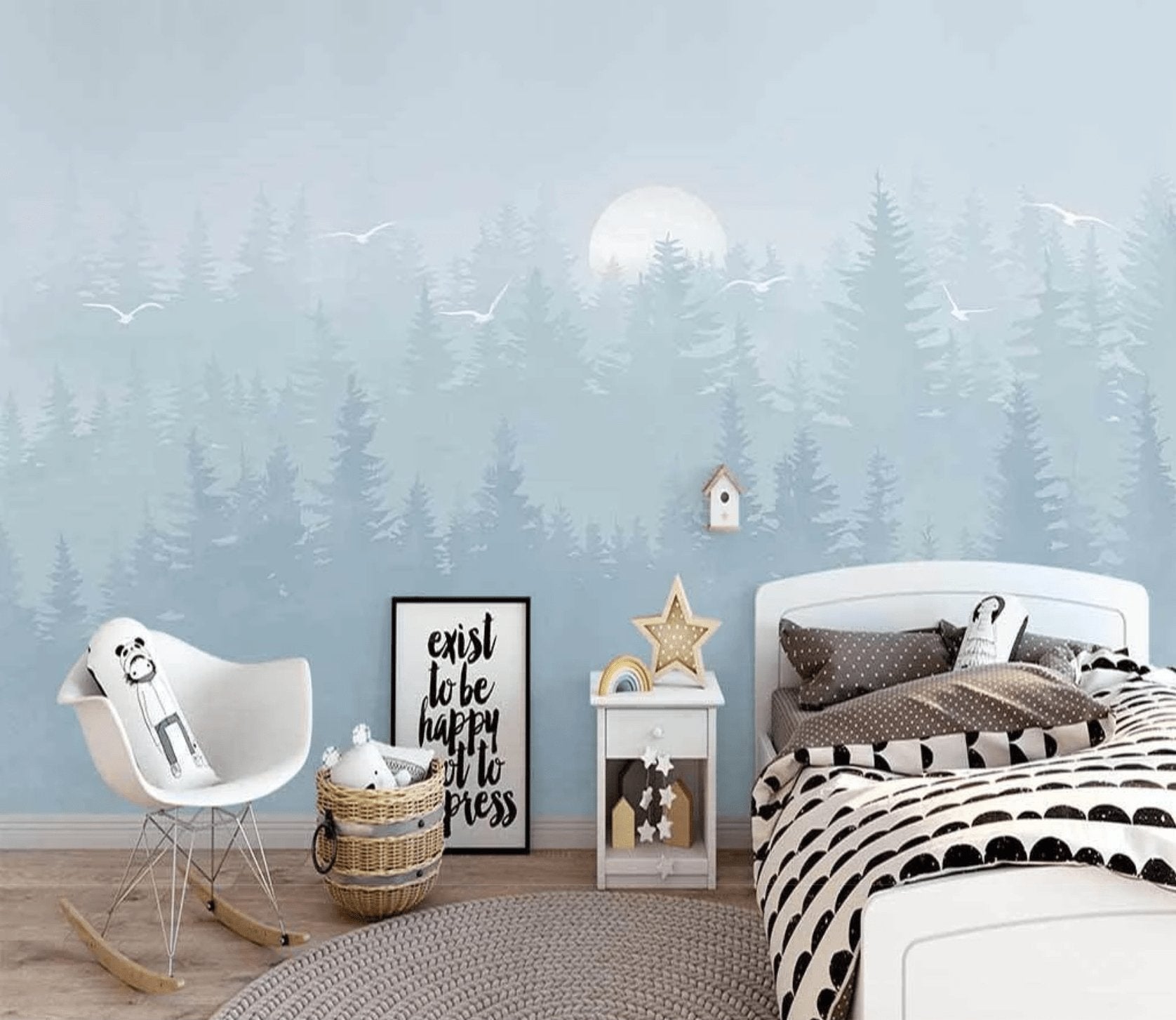Papier peint chambre enfant forêt scandinave bleu moonlight, XXL, tendance