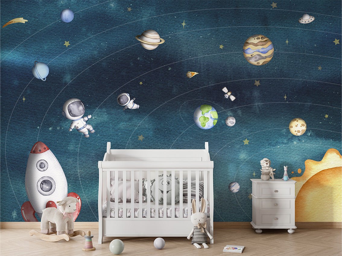 Papier peint bébé univers bleu nuit