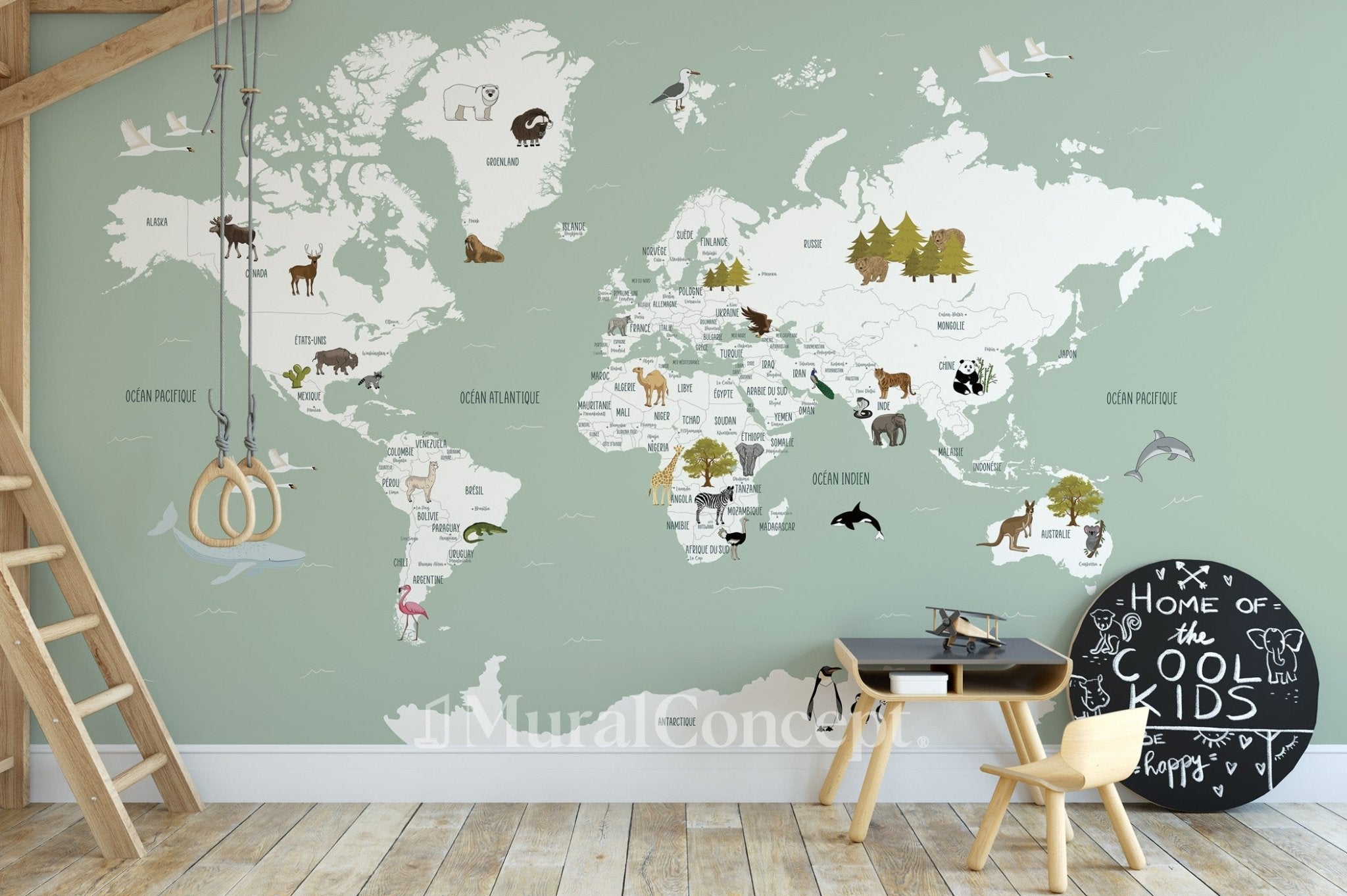 Papier peint Carte du monde en Francais enfant vert, XXL, tendance