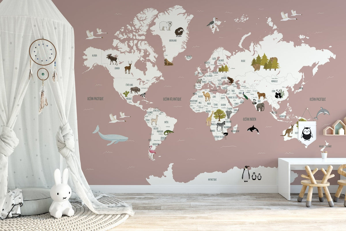Papier peint Carte du monde en Francais enfant vieux rose