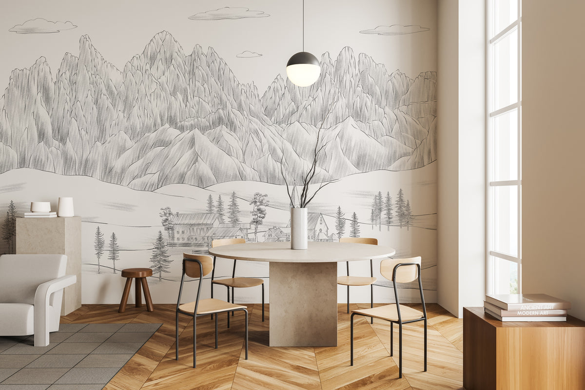 Papier peint paysage italien Dolomites noir blanc