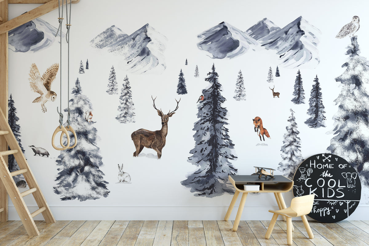 Papier peint enfant animaux dans la neige