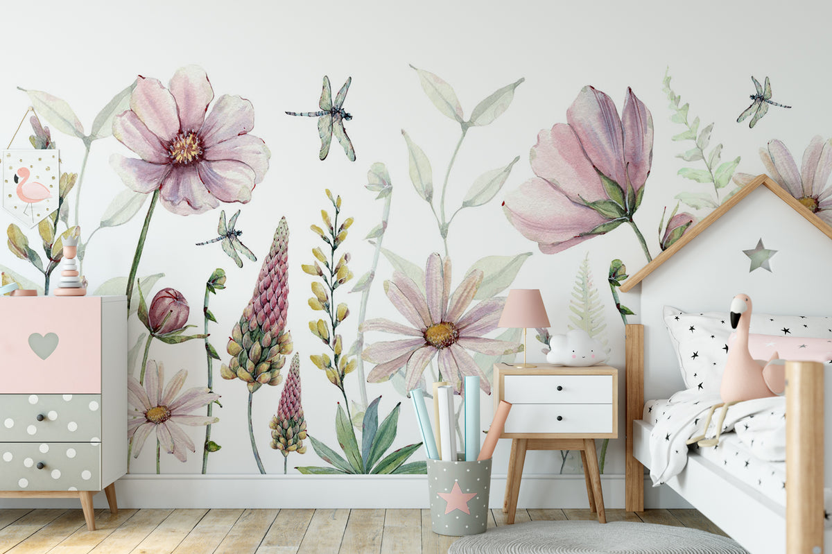 Papier peint fleurs et libellules