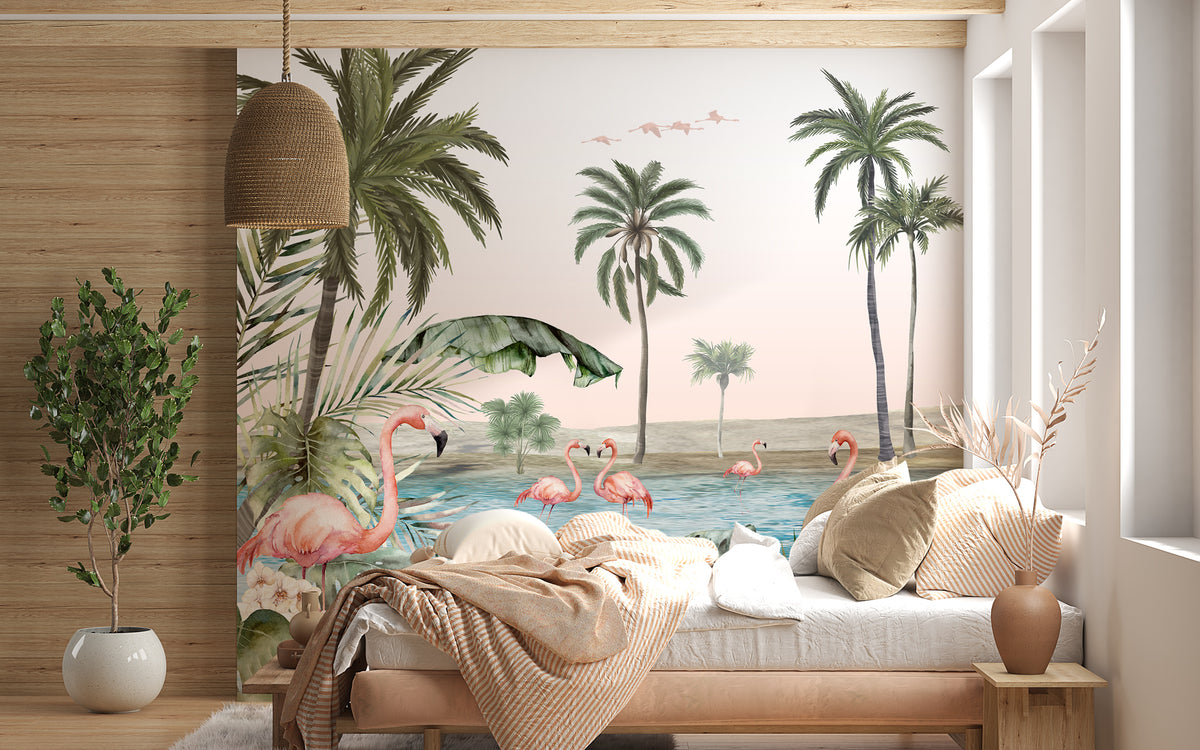 Papier peint oasis flamingo