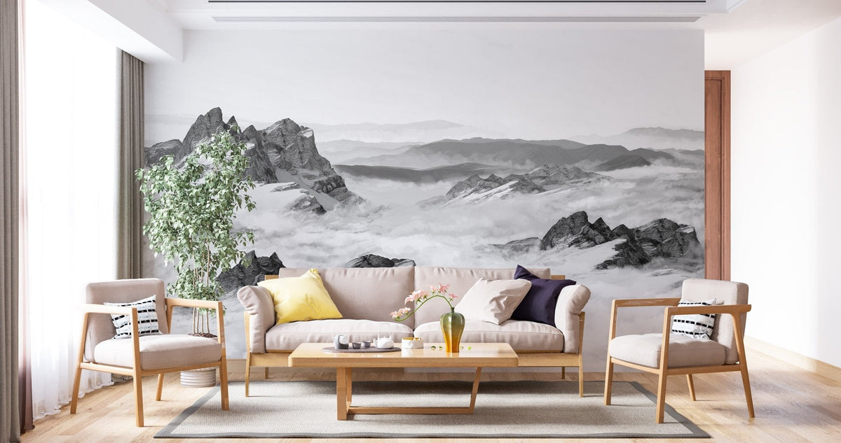Papier peint panoramique montagne noir et blanc