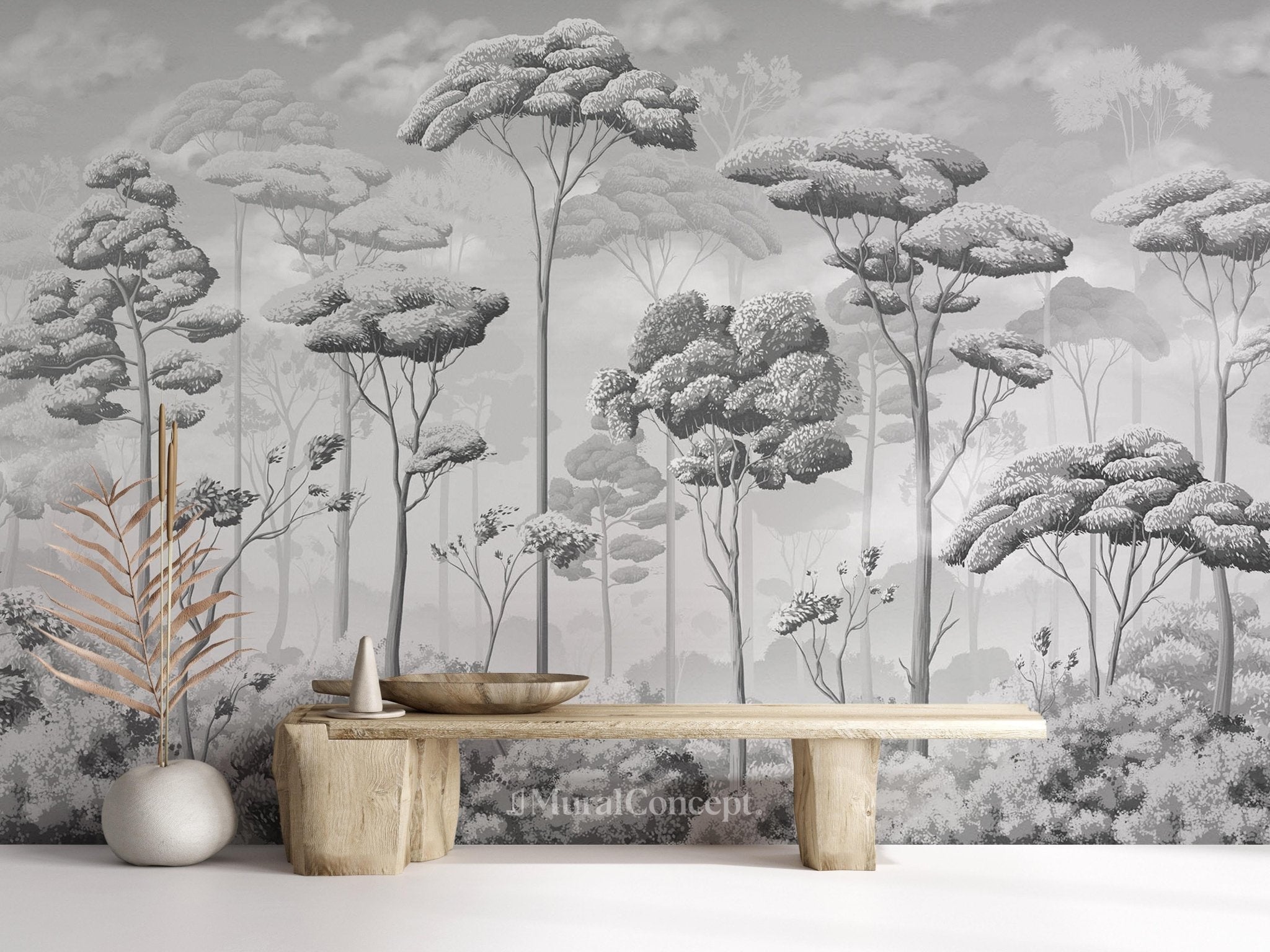 Papier peint panoramique pinèdes noir et blanc, XXL, tendance