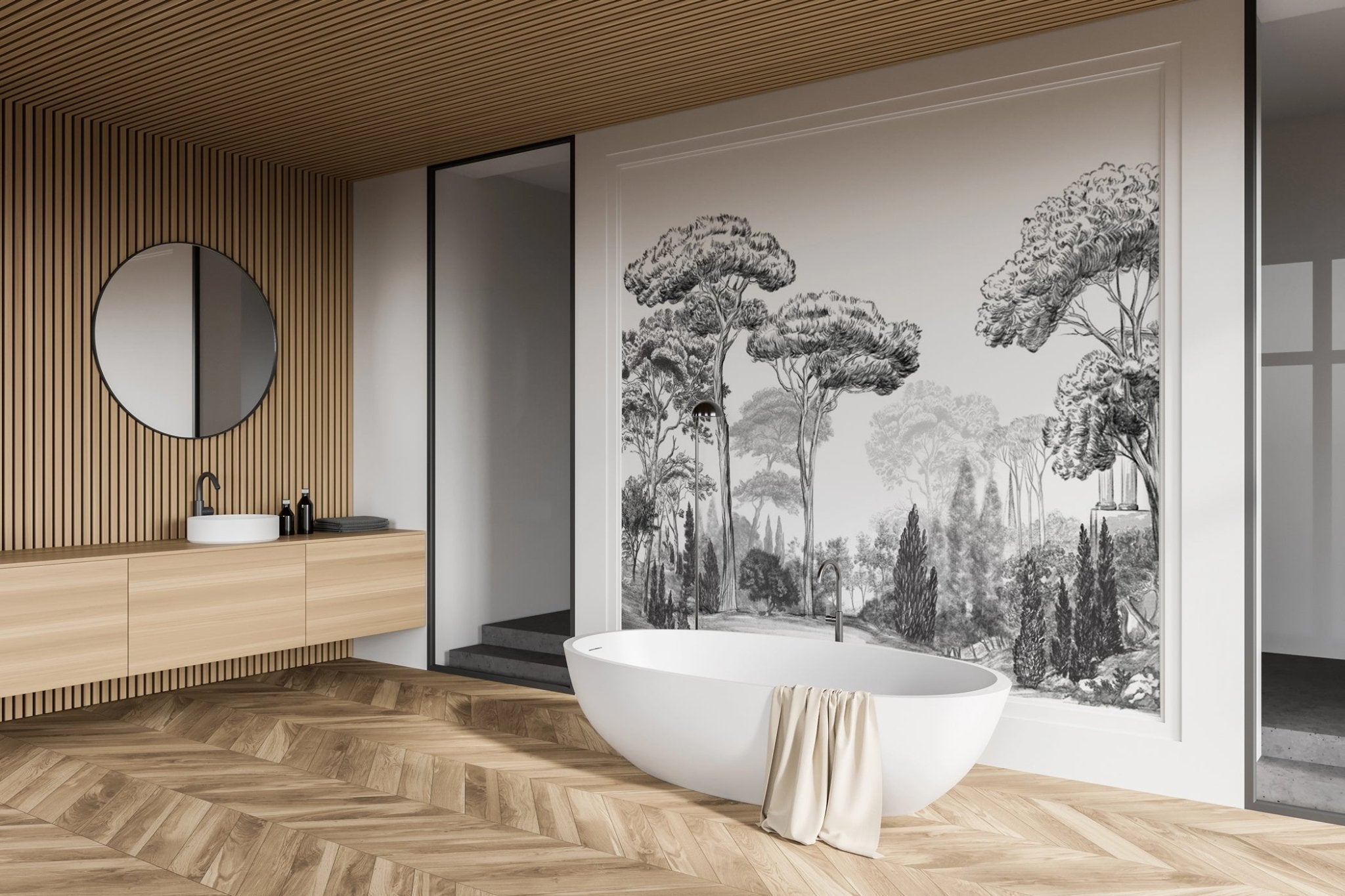 Papier peint pins élégants noirs et blancs - décor mural raffiné - Muralconcept