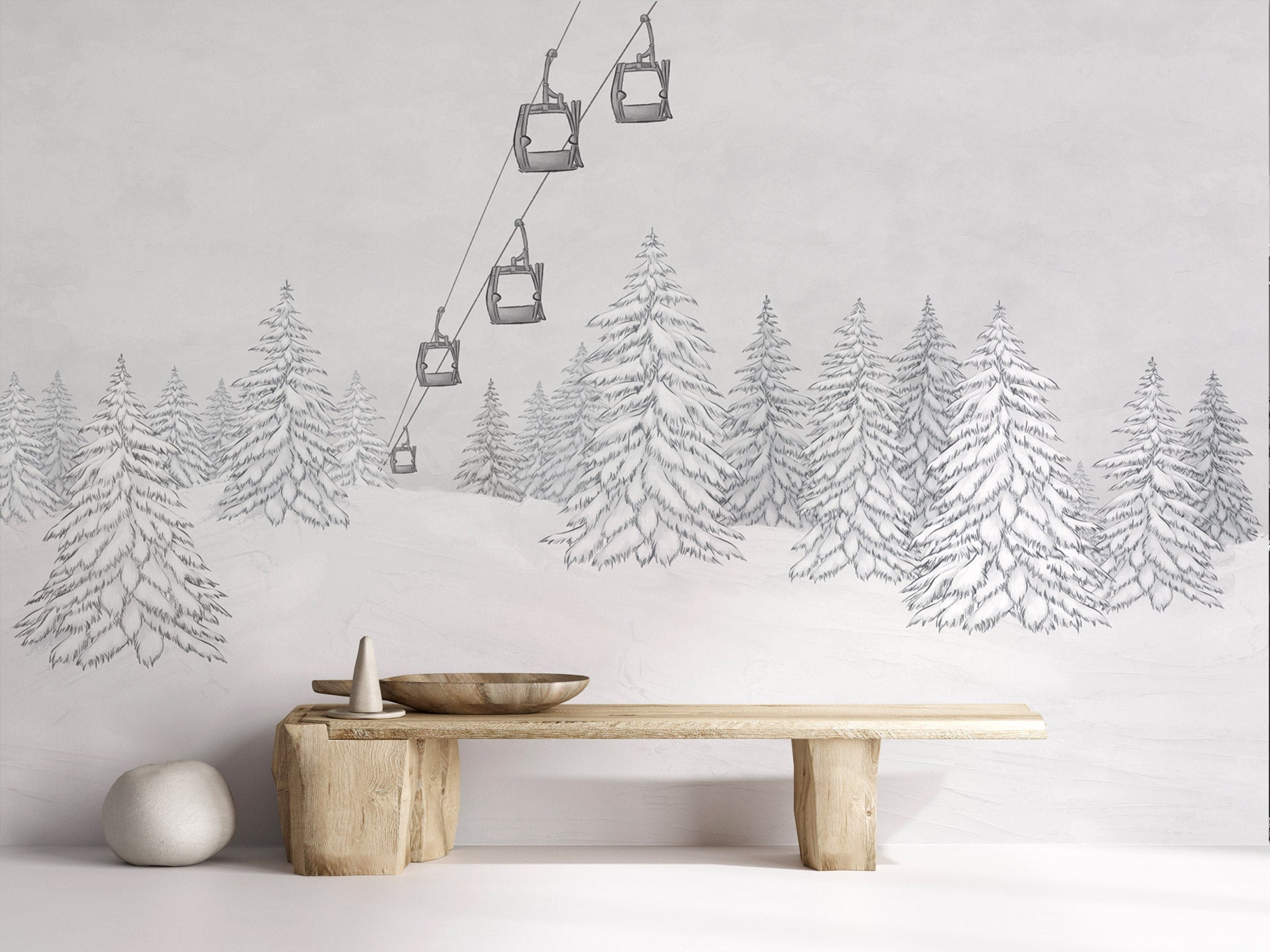 Papier peint montagne télécabine noir & blanc - Muralconcept