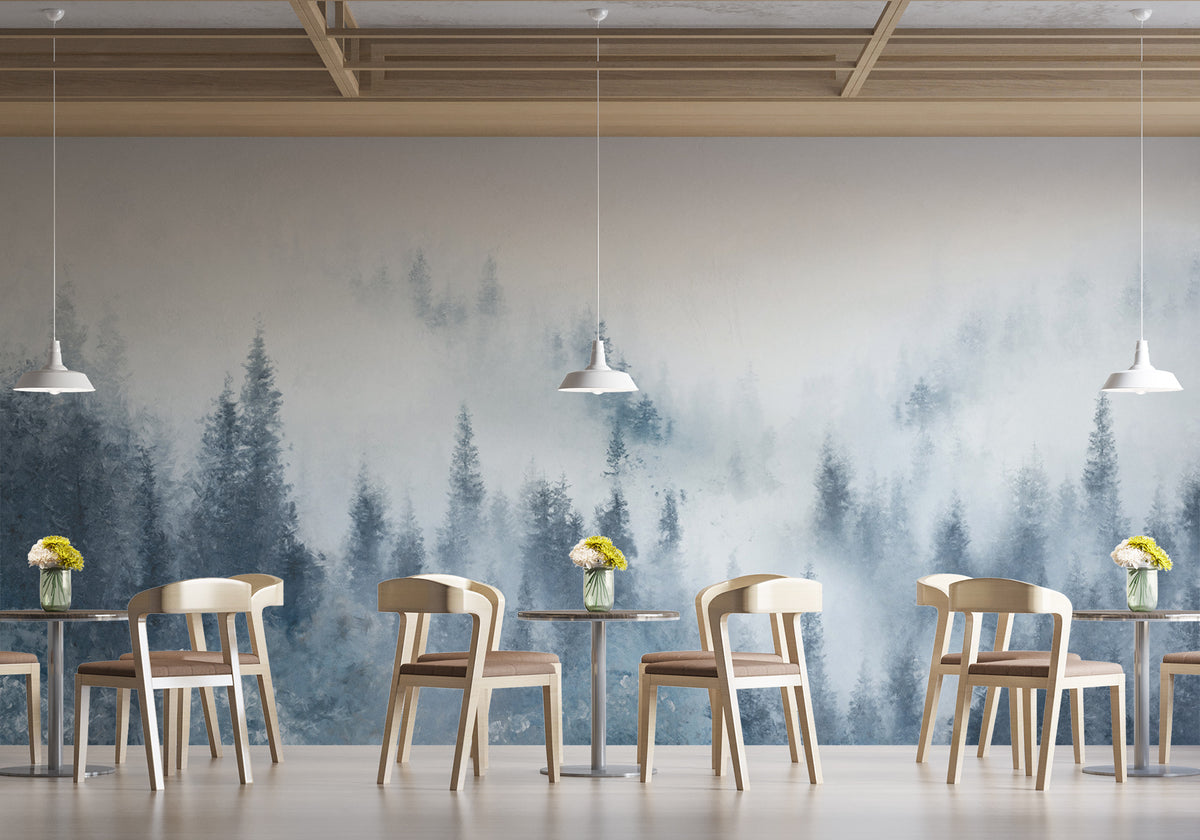 Papier peint restaurant sapin brume bleu aquarelle