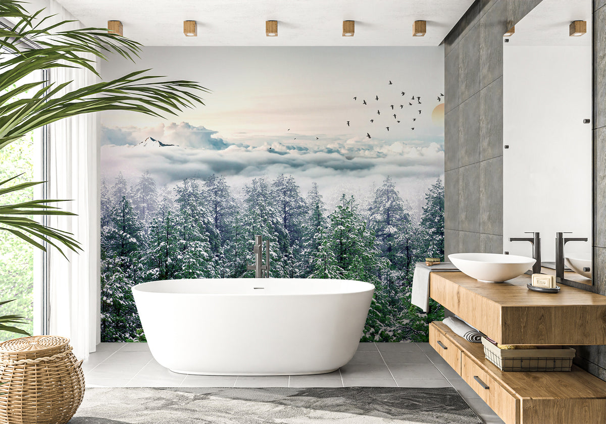 Papier peint salle de bain forêt de sapin neige