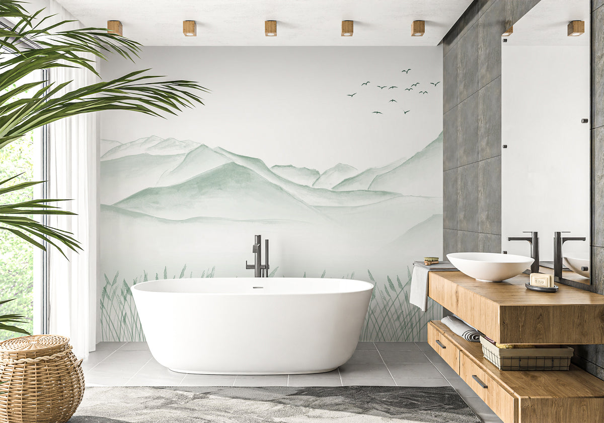 Papier peint salle de bain artistique Annecy entre lac montagne vert