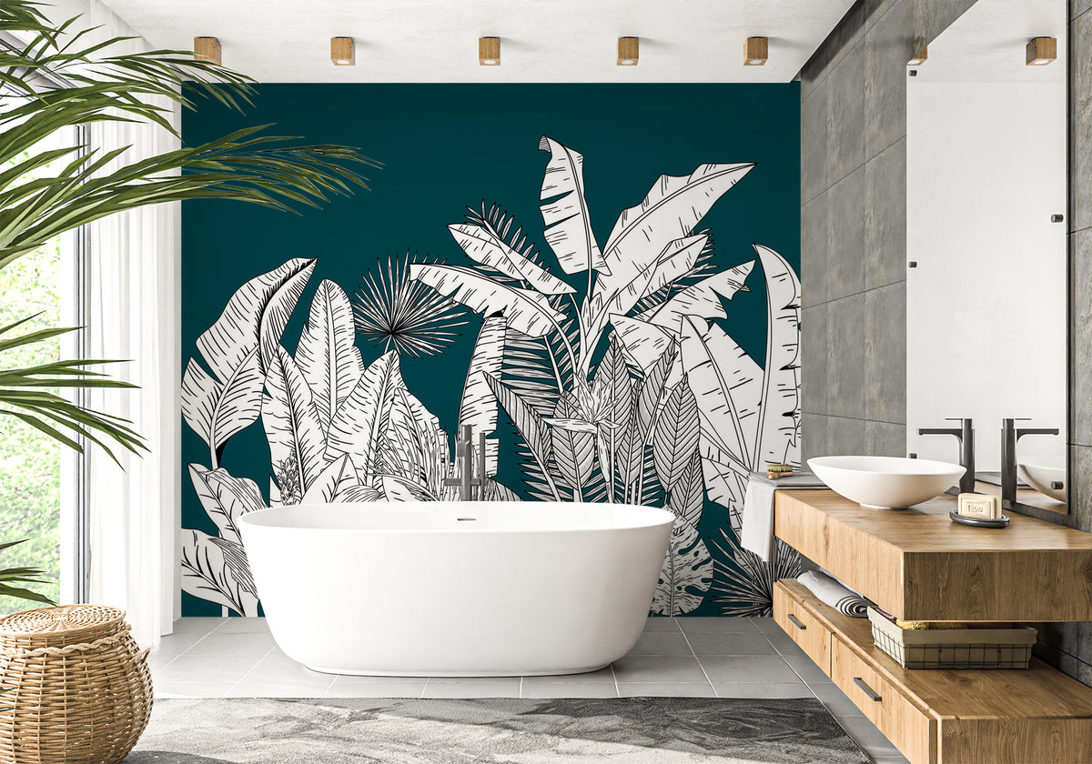 Papier peint salle de bain panoramique botanic leaf vert