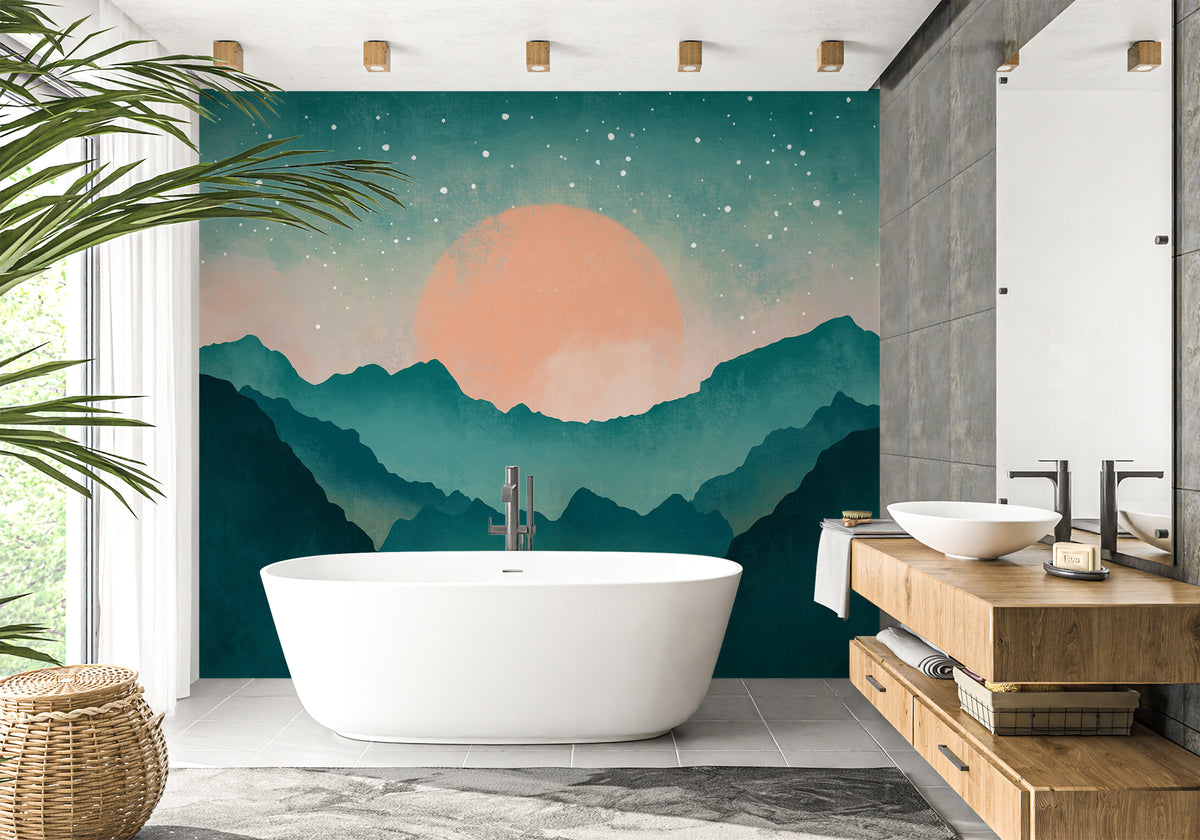 Papier peint salle de bain montagne brume turquoise