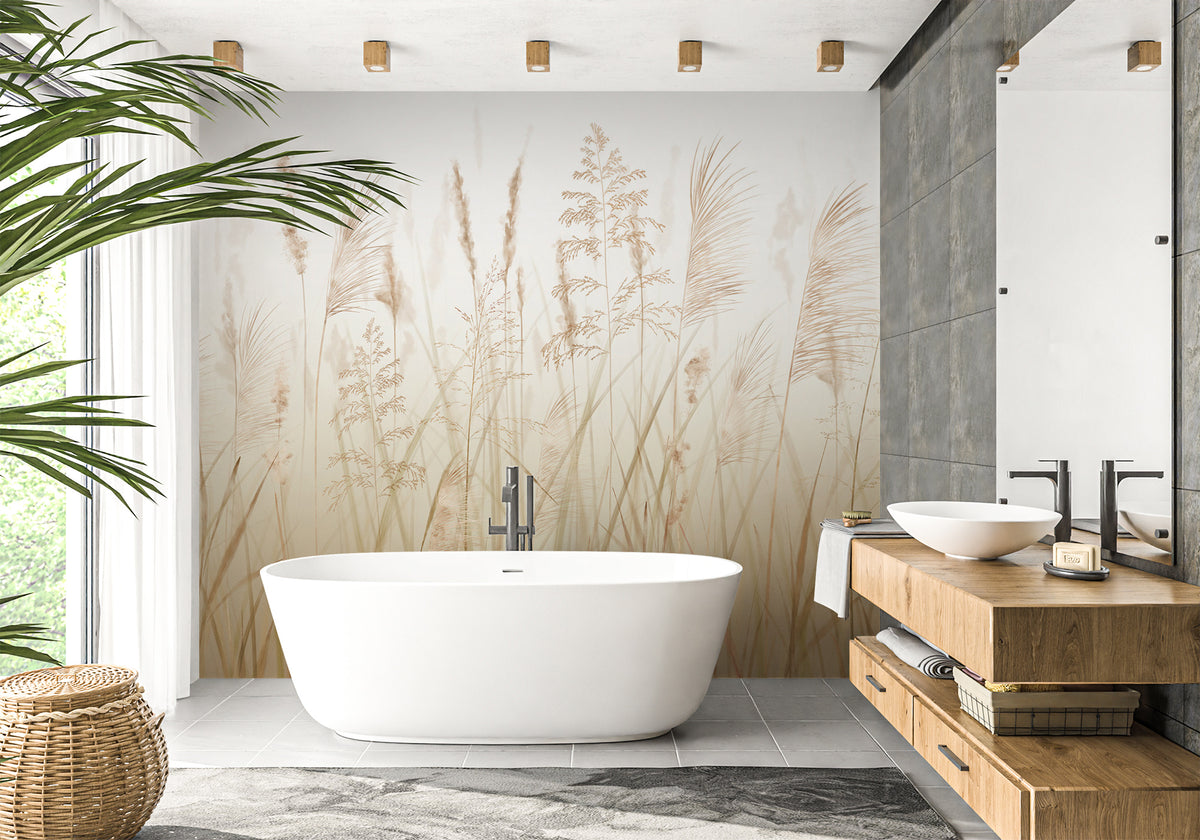Papier peint salle de bain champs de blé beige