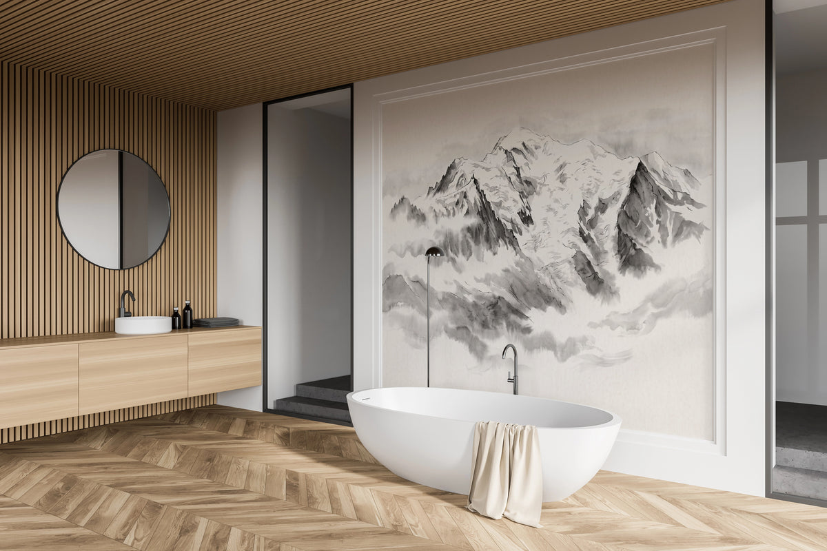 Papier peint panoramique Mont blanc à l'encre de chine – fresques brumeuses