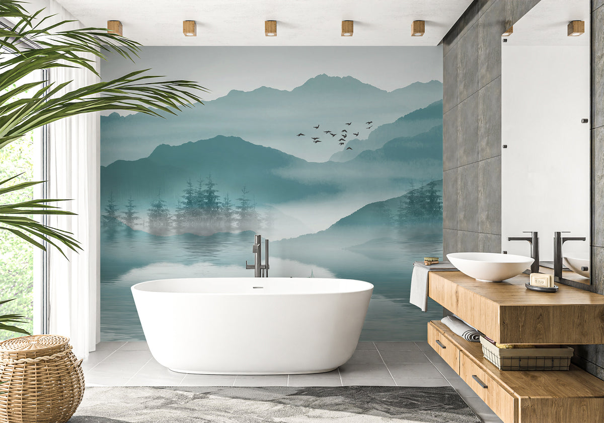 Papier peint salle bain entre montagne et lac