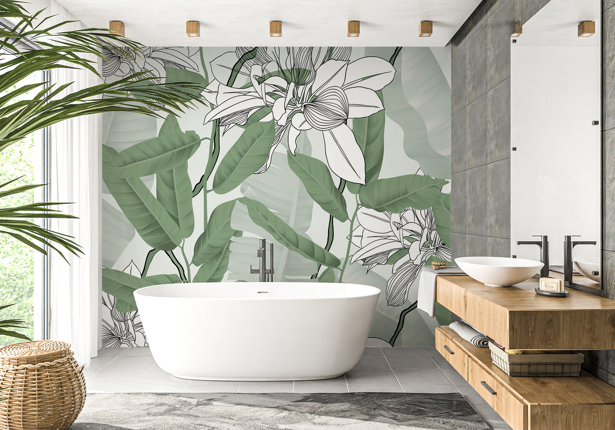 Papier peint salle de bain feuillage nature vert fleur NB