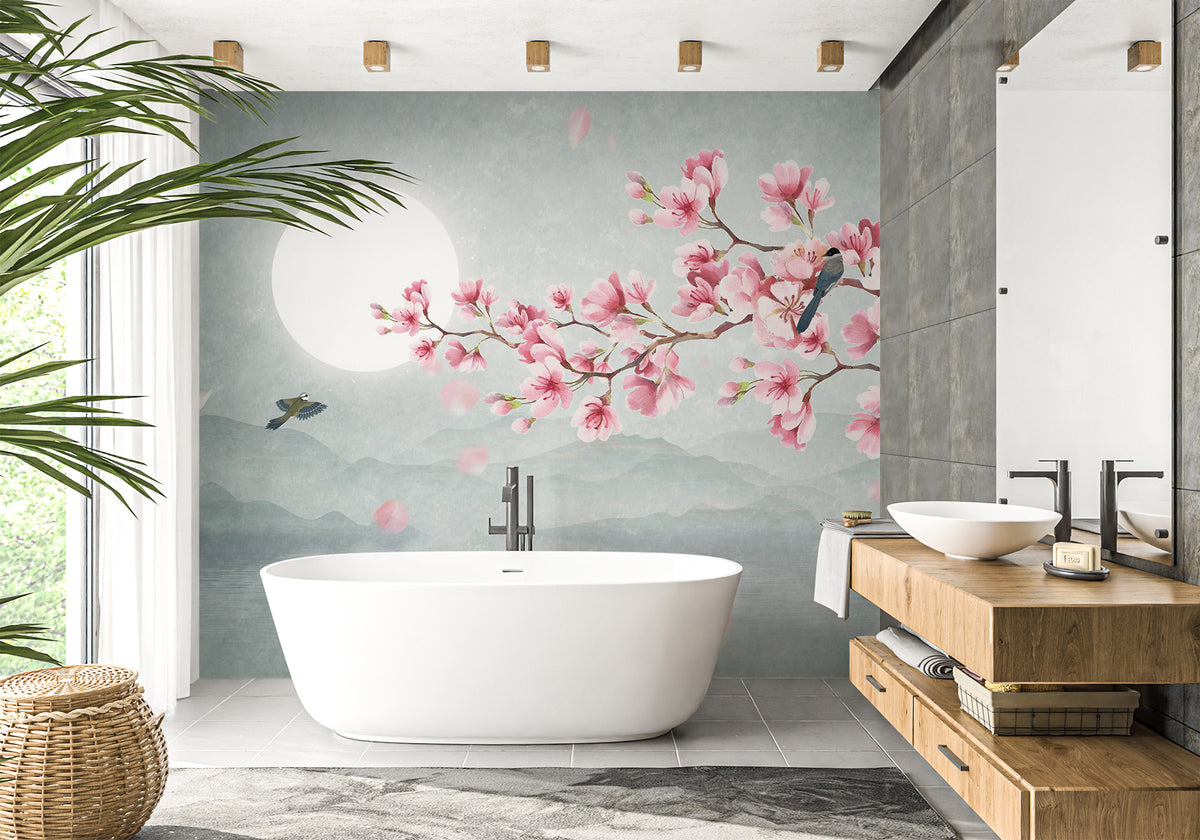 Papier peint salle de bain tendance floral cerisier poétique