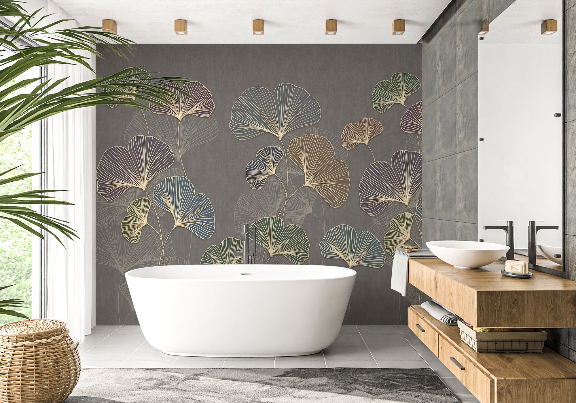 Papier Peint Salle De Bain Ginkgo Asie Tendance Papier Peint Salle De Bain Ginkgo Asie Tendance