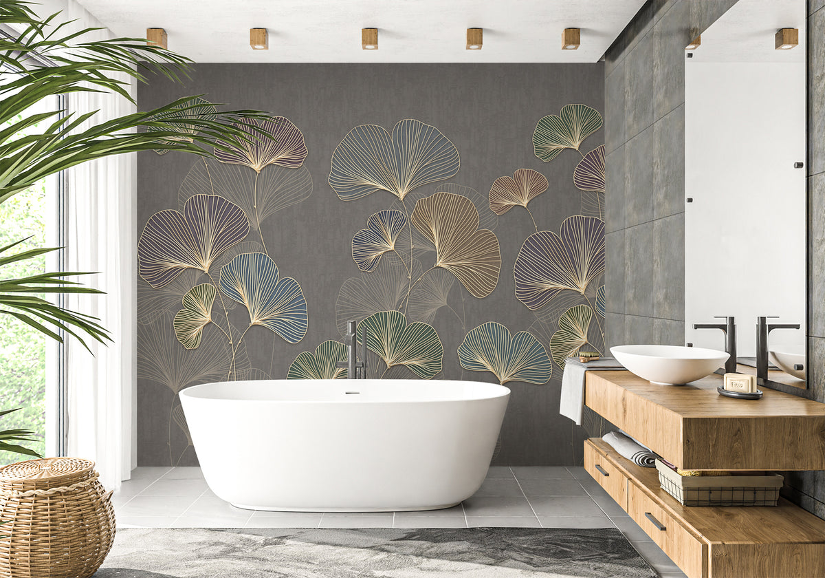 Papier peint salle de bain ginkgo asie tendance