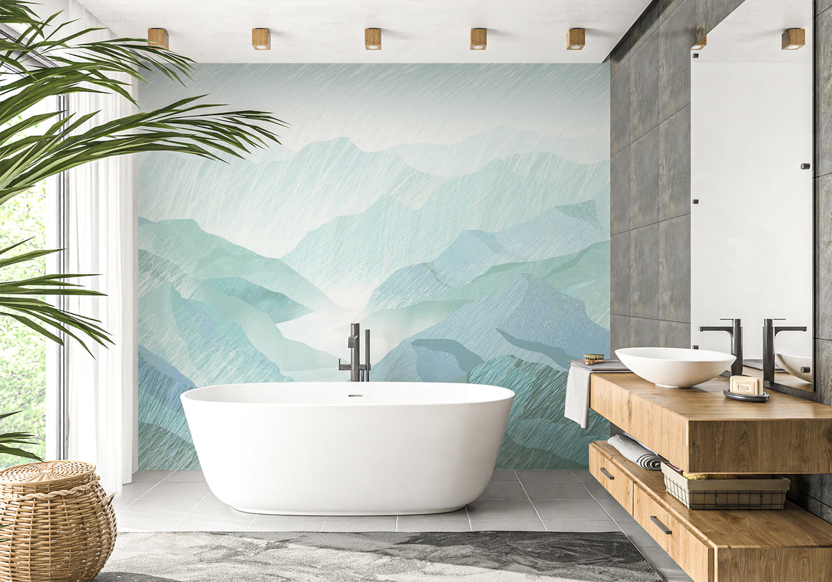 Papier peint salle de bain illustration montagnes vert