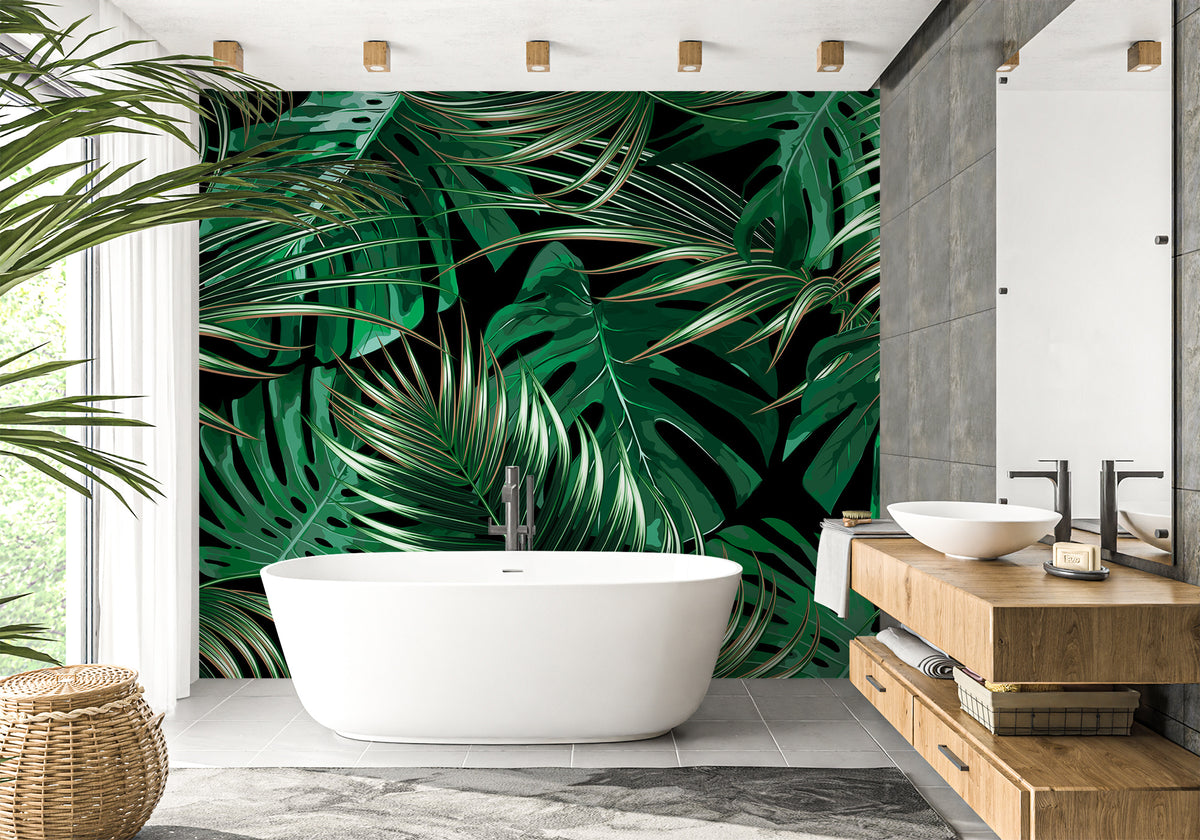 Papier peint salle de bain intissé grandes feuilles vertes