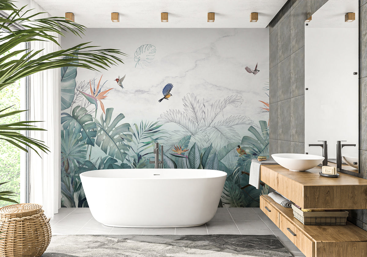 Papier peint salle de bain jungle bleu marbre