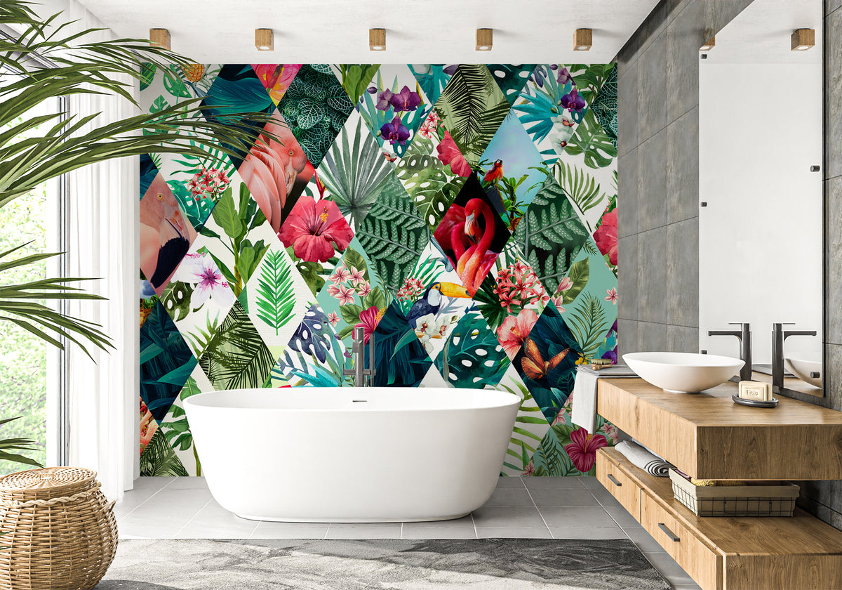 Papier peint salle de bain jungle mosaïque