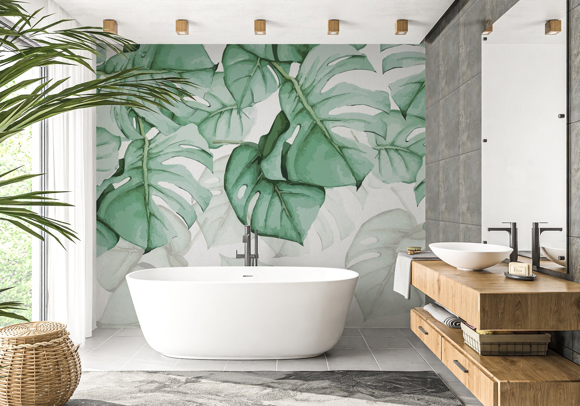 Papier peint salle de bain Large Leaf & Scandinave, XXL, tendance