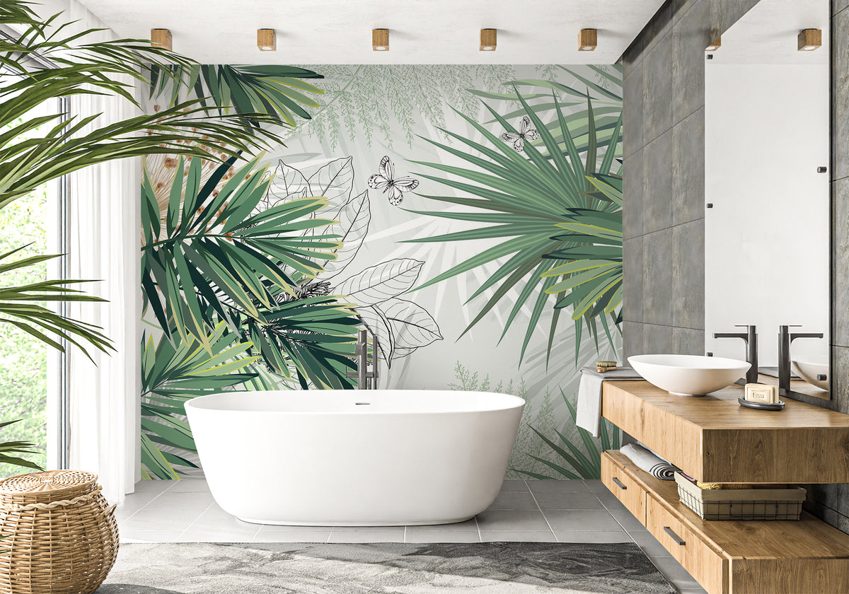 Papier peint salle de bain nature green palm