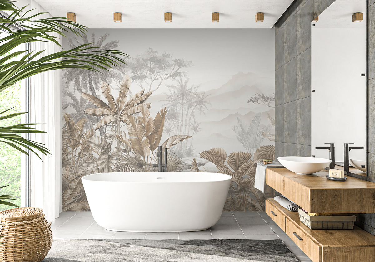 Papier peint salle de bain tendance tropical sépia