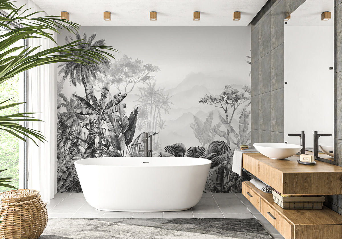 Papier peint salle de bain tendance tropical noir et blanc