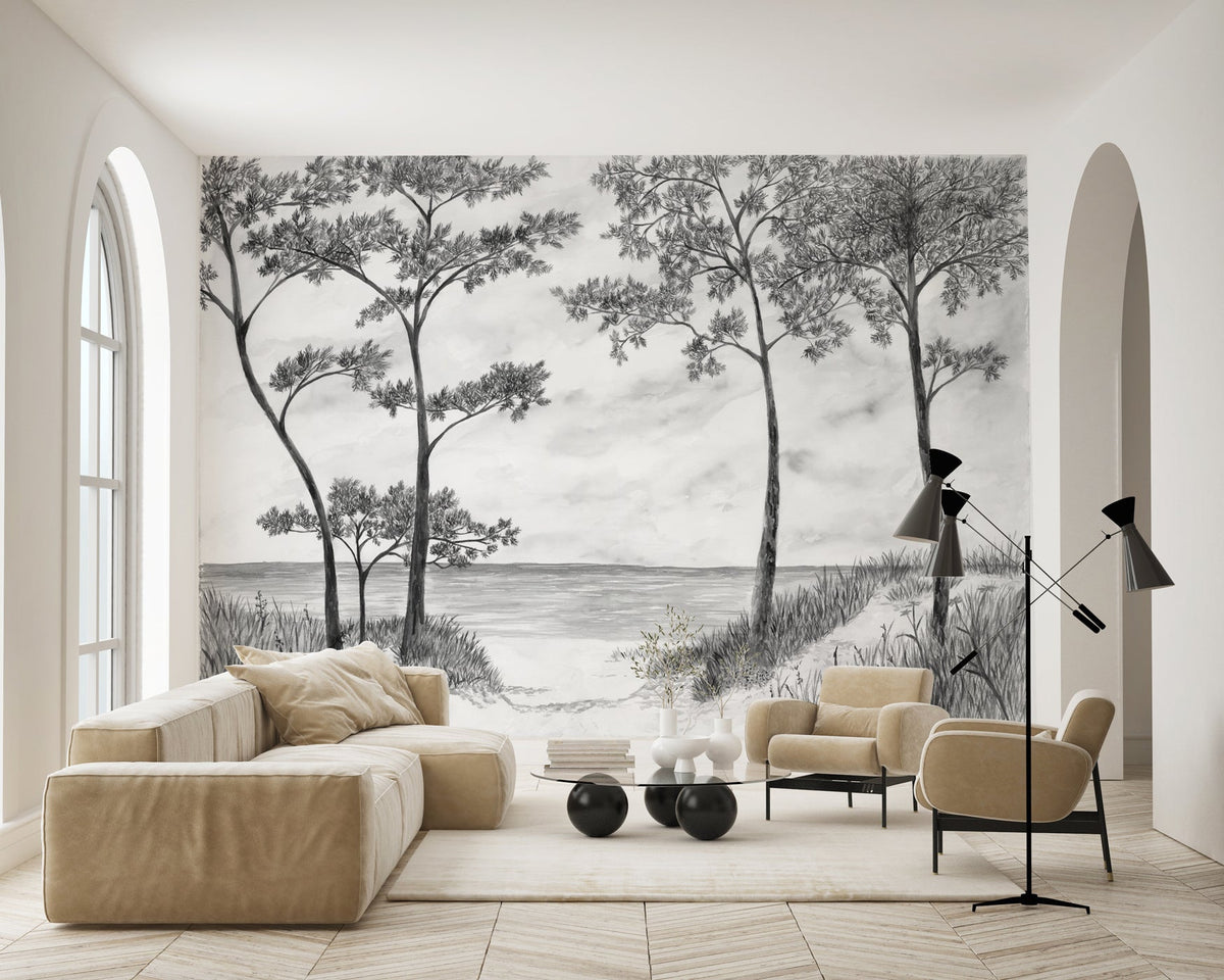 Papier peint Pins maritimes et dunes - Noir et blanc