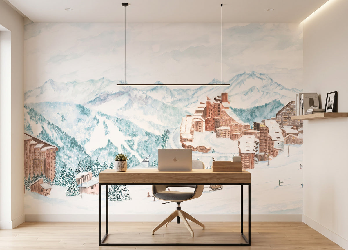 Papier peint panoramique Avoriaz – Ski, caleche, montagne en aquarelle