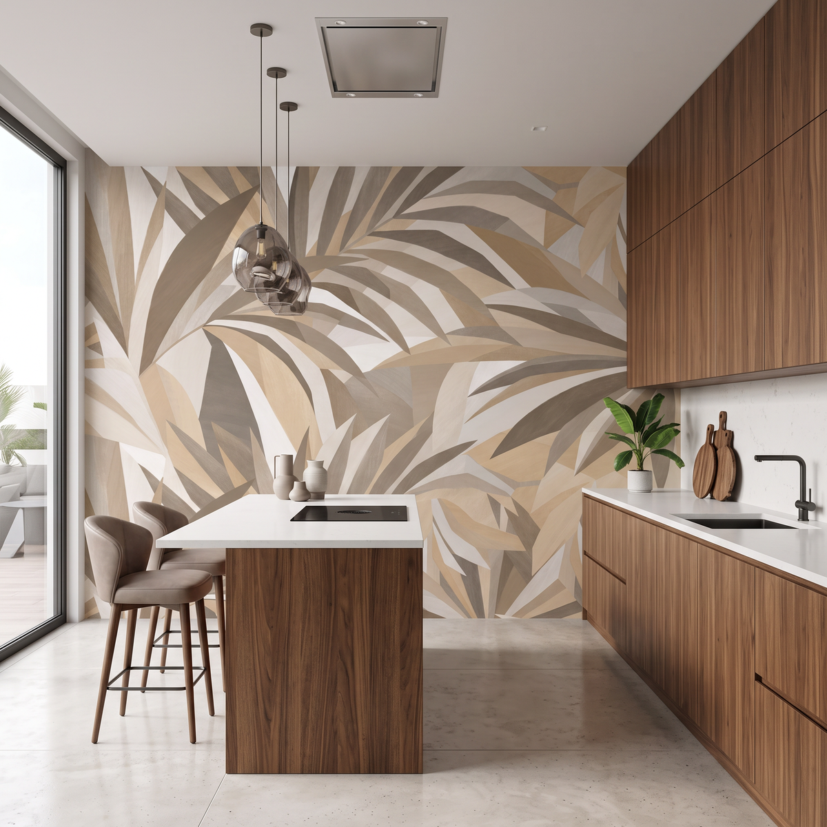 Papier peint panoramique feuillage tropical - beige et ocre