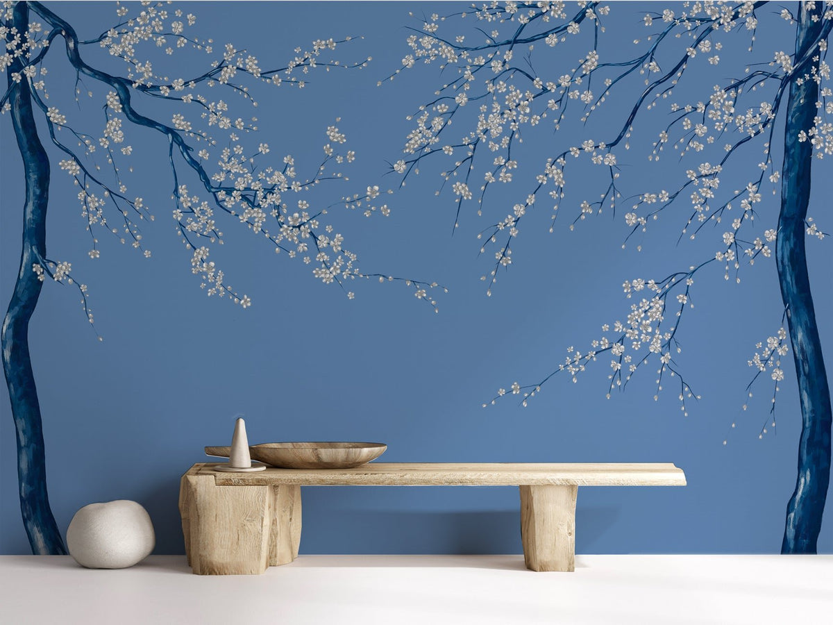 Papier peint panoramique fleur Sakura bleuté