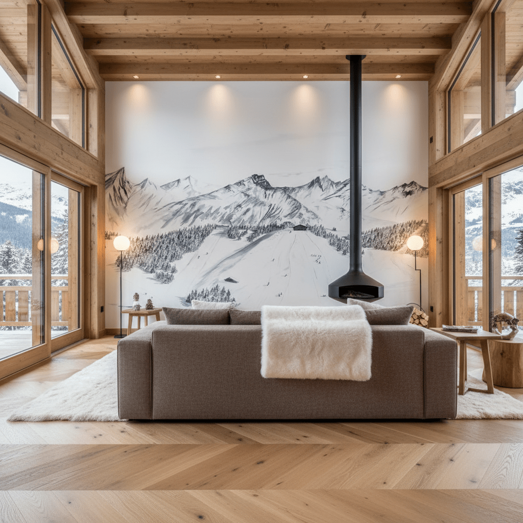 Papier peint montagne Megève – Fresque artistique peinte à la main - Muralconcept