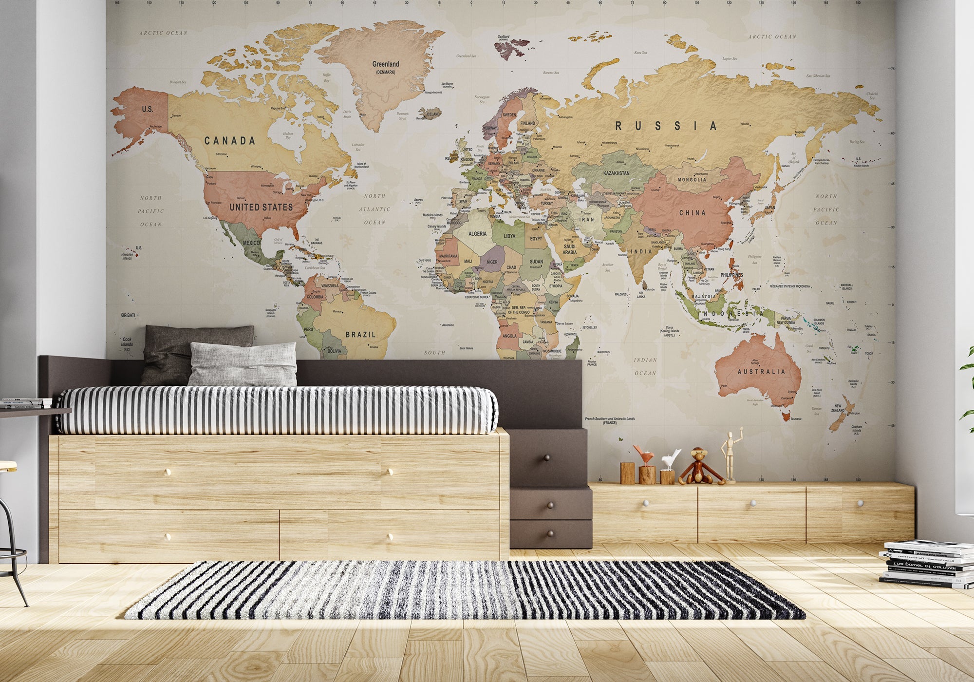Papier peint Carte du monde illustrée Animaux - Muralconcept