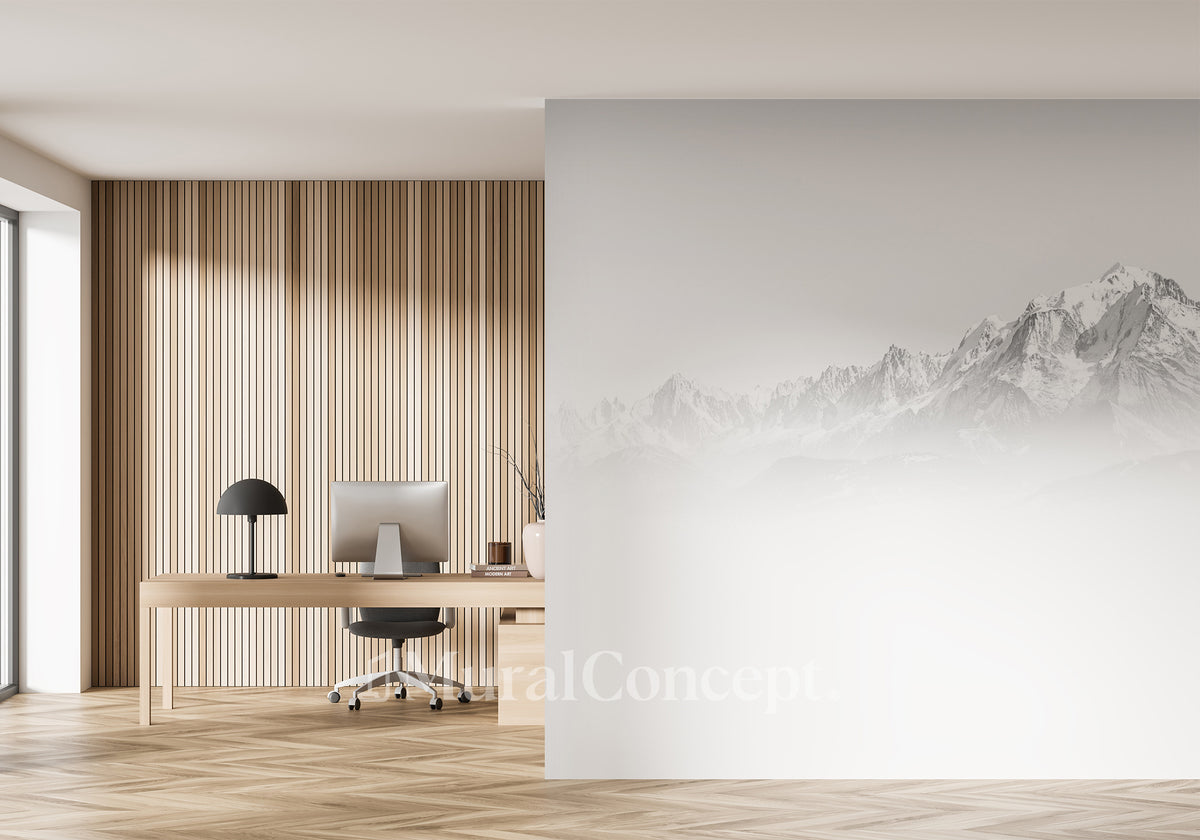 Papier peint bureau Mont Blanc dans la brume noir & blanc