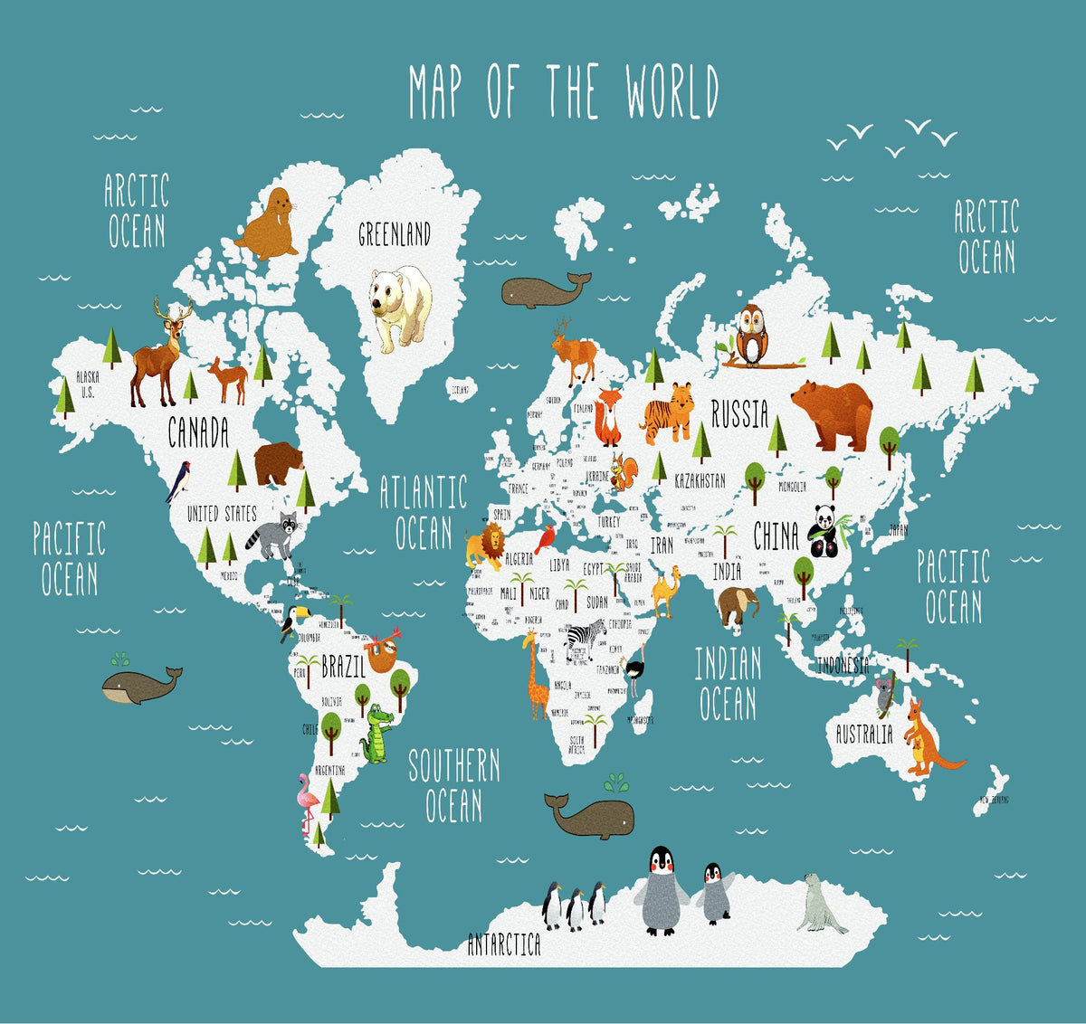 VP Papier peint Carte du monde illustrée Animaux bleu canard